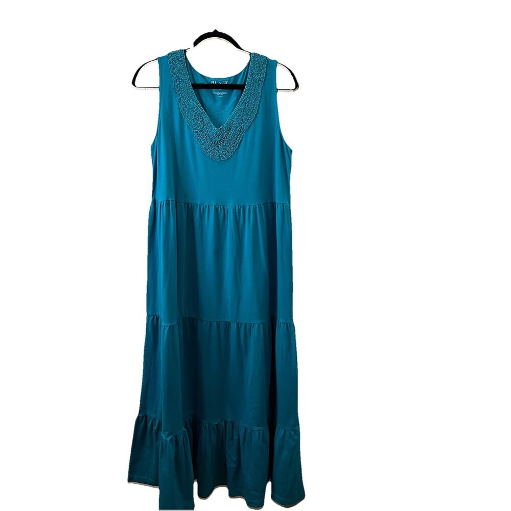 Blair Sleeveless Crochet V Neck Teal Blue Tiered Maxi Dress Womens Size L Boho